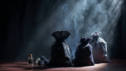 Dark garbage bags illuminated in dramatic lighting for conceptual waste visuals, recycling message or environmental awareness campaign photography