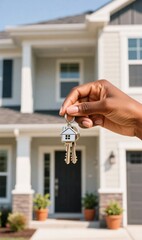 Hand holding house keys in front of modern home