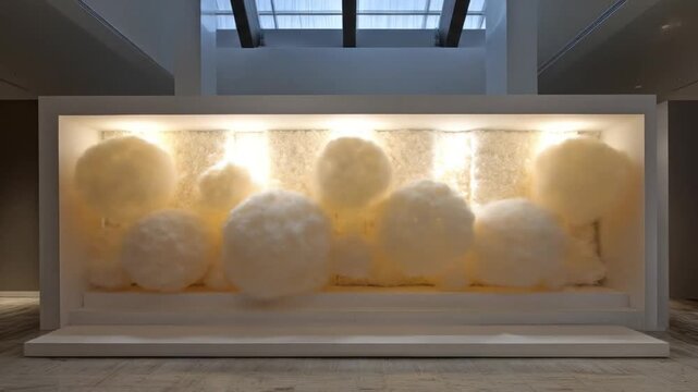 An illuminated installation with fluffy cloud-like forms displayed inside a white recessed structure
