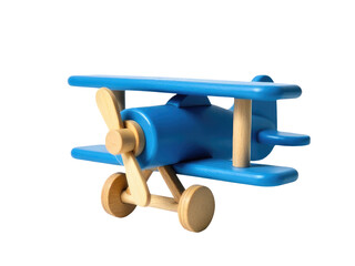 A small wooden toy airplane with a bright blue top