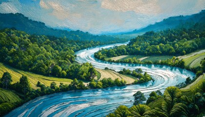 Abstract Landscape Painting Of A Winding River Flowing Through A Dense Forest Atop A Textured Surface Vibrant Colors Depict A Meandering Waterway Surrounded By Lush Greenery