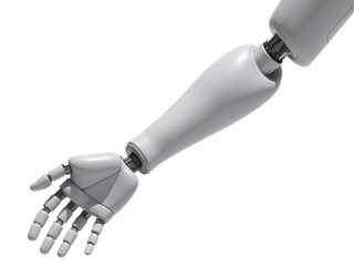 A robotic hand extends to touch a human hand, a moment of connection between technology and humanity