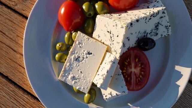 Feta cheese, cut into thick pieces, rests alongside vibrant red tomatoes and green olives on a round plate. The fresh ingredients create a delightful Mediterranean dish full of col