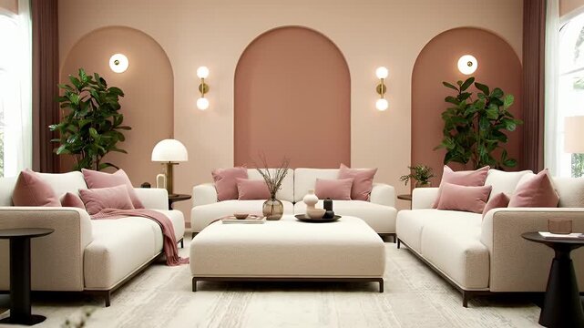 Bright pastel living room interior with curved archways and symmetrical seating