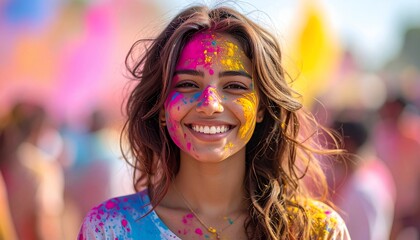 Smiling young woman with colorful powdered paint on her face and hair. Background is blurry