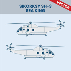 Technical Line Drawing of Helicopter Sikorsky SH-3 Sea King 2D Engineering Rendering Sketch Vector Illustration Side View Right and Left Angle © Aryanto