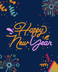 Fototapeta premium Happy new Year text Design Hand Drawn Doodle Style New Year, Christmas Colorful Decoration Vector illustration Greeting Card Template celebration Sale Advertising Colorful Neon Holiday Attractive post