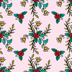Seamless pattern with flowers and leaves. Pink background.