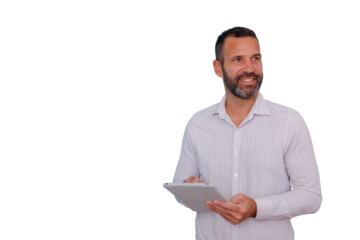 Mature businessman holding tablet smiling, looking away, planning future, digital strategy, innovation, transparent background