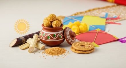Delicious Indian sweet treats, sugarcane, and vibrant kites celebrating Makar Sankranti, a traditional harvest occasion. Festive arrangement showcasing desserts and a prominent sun symbol.