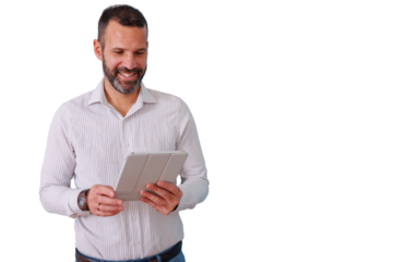 Bearded man smiling, using digital tablet, checking information, browsing internet, isolated on transparent background