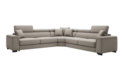 Modern L shaped corner sofa in neutral fabric for family rooms isolated on white background
