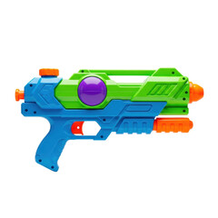 Naklejka premium A single hyper-realistic supersoaker water gun toy, neon green, electric blue, and purple, high-gloss studio product shot on a transparent background. Concept of summer fun and games