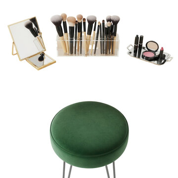 Close up overhead of a dressing table with a velvet stool and organized makeup brushes isolated on white background 