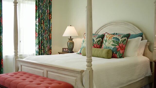Bright White Four-Poster Bedroom With Tropical Floral Curtains and Cushions