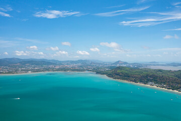 Obraz premium Aerial view from a drone of beautiful beach and coastline of Phuket island, Thailand.
