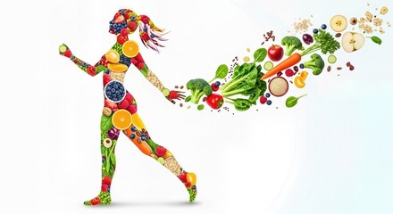 Healthy female figure composed of diverse fresh fruits and vegetables, moving forward with vitality, symbolizing wellness and balanced nutrition.
