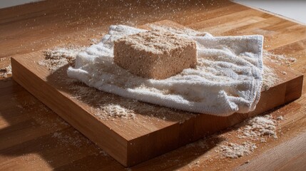 Flour and dough on wooden board for baking ingredient photography and artisan culinary product branding