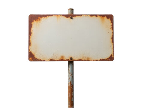 A worn-out metal sign with a white background, featuring a distressed finish