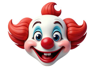 A close-up view of a clown's face against a white background, with bright colors and exaggerated features