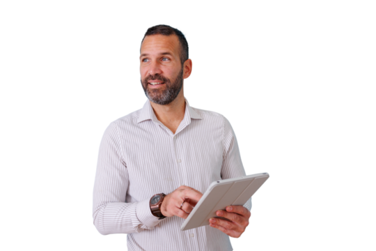 Professional businessman using tablet, smiling, looking away, planning future business strategy, transparent background - Powered by Adobe