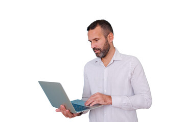 Professional man using laptop, working, typing, networking, business, technology, productivity on transparent background
