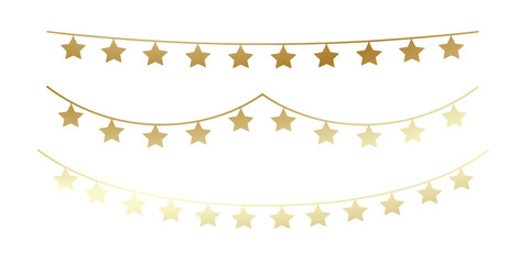 elegant golden star garland decorations hanging in soft curves on a clean white background creating a festive minimalist celebration design for holidays weddings and parties