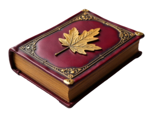 A close-up of a red book with a golden leaf on the cover
