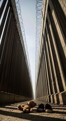 Lost childhood teddy bear and shoes abandoned near an imposing border wall, illustrating the poignant journey of refugees seeking safety during forced emigration.
