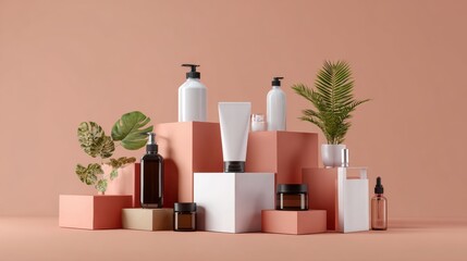 Minimal skincare product arrangement with neutral tones and plants for ecommerce visuals product branding photography setup natural composition