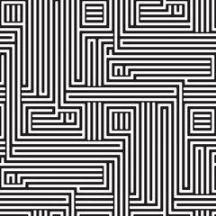 Full Seamless white and black labyrinth stripe pattern for clean modern print background. Minimal maze line geometry for interior wallpaper, textile, branding. Bold monochrome design.