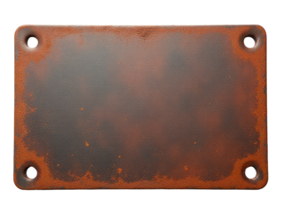A close-up of an old, rusty metal plate on a white background