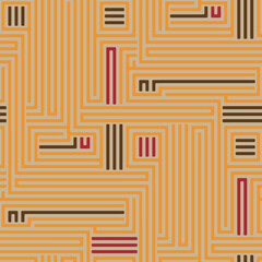 Full Seamless retro maze block pattern for warm print background. Orange lines with earthy brown accents. Vintage vector texture for midcentury decor, fabric and wrapping paper.