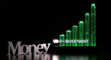 Fototapeta premium Abstract Glowing Green Fiber Optic Stock Market Graph Sculpture with Silver Wooden Money Word - Financial Growth and Investment Concept