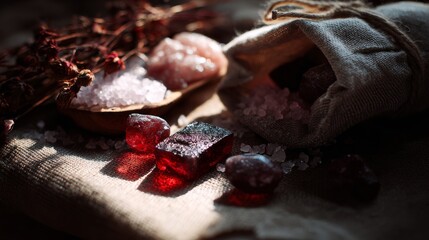 Closeup of artisanal candy with powdered sugar on fabric for sweet product branding photography ecommerce marketing visuals rustic composition