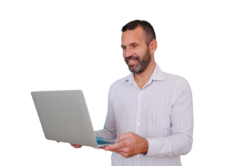 Professional man smiling, using a laptop, working with technology, business, communication, transparent background