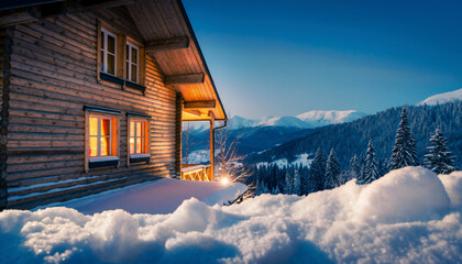 Picturesque Winter Cottage with Glowing Windows and Snow-Covered Hills