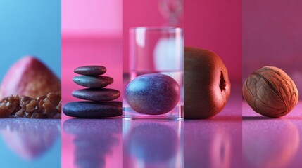 Spa stones, candles and fruits on colorful background for wellness product photography ecommerce branding composition and relaxation visuals display