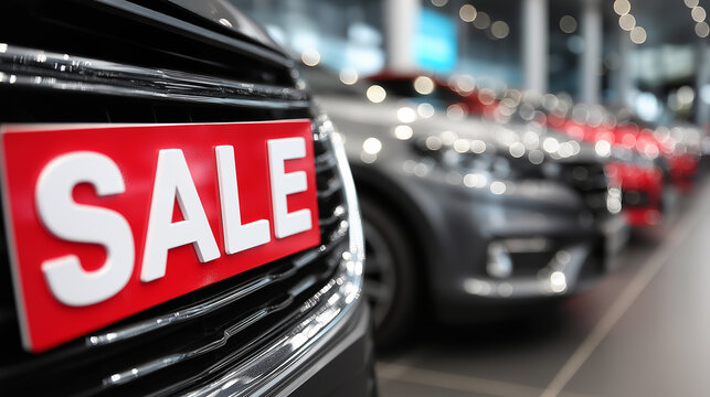 A close-up of a SALE sign prominently featured at a car dealership, with a blurred background showcasing multiple cars ready for purchase.