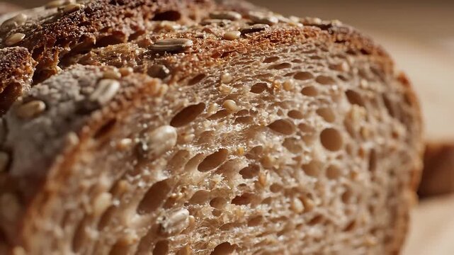 Closeup of a freshly baked whole grain bread loaf with visible seeds and a rustic texture perfect for a healthy breakfast or snack.