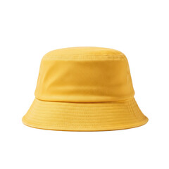 Pristine, bright sunny yellow cotton canvas bucket hat, classic silhouette with wide brim, centered and isolated on a transparent studio background. Concept for headwear apparel mockup