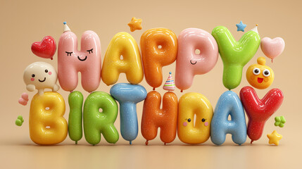 Cheerful, colorful balloon letters spell out Happy