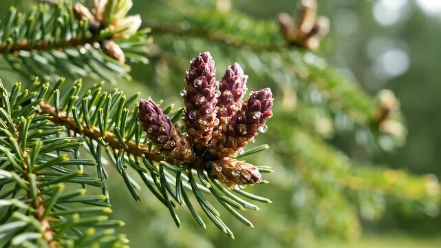 Closeup of a pine tree branch with new pine cones growing in a forest during springtime showcasing the intricate details of natures renewal.