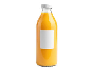 A clear glass bottle filled with orange juice and featuring a white label on the side