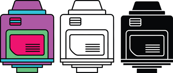 Three retro microwave ovens in colorful and monochrome with control panels and doors