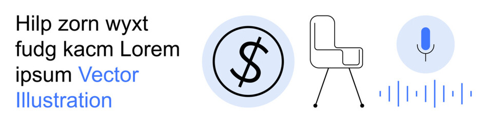 Obraz premium Digital economy, online services, remote work, technology, podcasting, communication tools. Dollar sign, minimal chair microphone with sound waves. Digital economy and online services theme