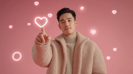 A stylish young man in a cozy beige jacket playfully points at a glowing heart, surrounded by floating heart icons against a soft pink backdrop.