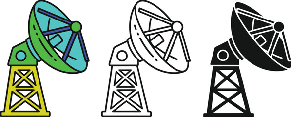 Three satellite dishes with colorful and monochrome on yellow black and white towers