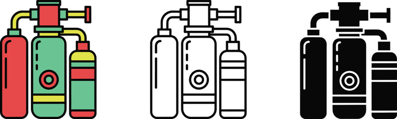 Three sets of colorful scuba diving tanks with regulators and hoses diving equipment