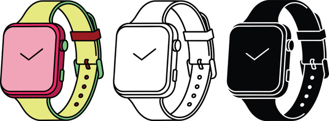 Three smartwatches with different colored bands and digital watch wristwatch technology